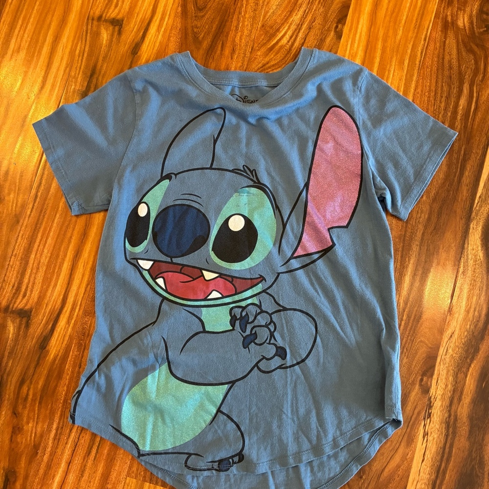 Disney Lilo & Stitch Blue Graphic T-Shirt Glitter Ear Curved Hem Girls L 11-13